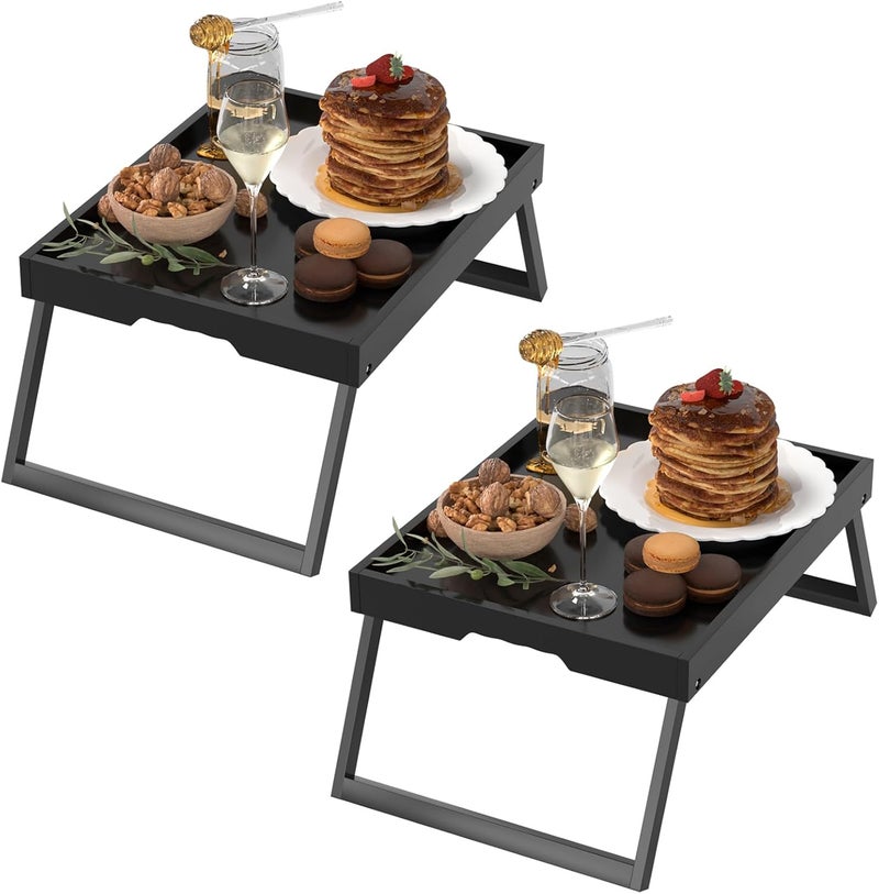 promitop 2 Pack Bed Tray Table with Foldable Legs, Bamboo Breakfast Tray for Sofa, Beds, Eating, Working, TV Table, Food, Dinner, Computer Trays, Laptop Desk Snack Folding Trays in Bed, Black - Image 1